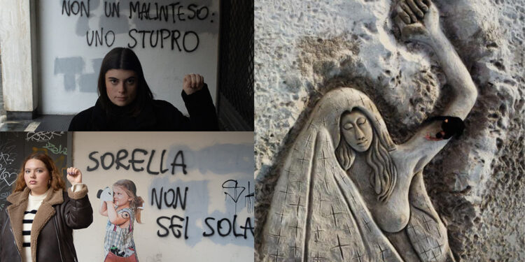 Da sinistra, manifestazione contro il femminicidio a Padova (foto Mattia Faedda) e scultura sulla sabbia dell'artista nuorese Nicola Urru (Land Art de Rena)